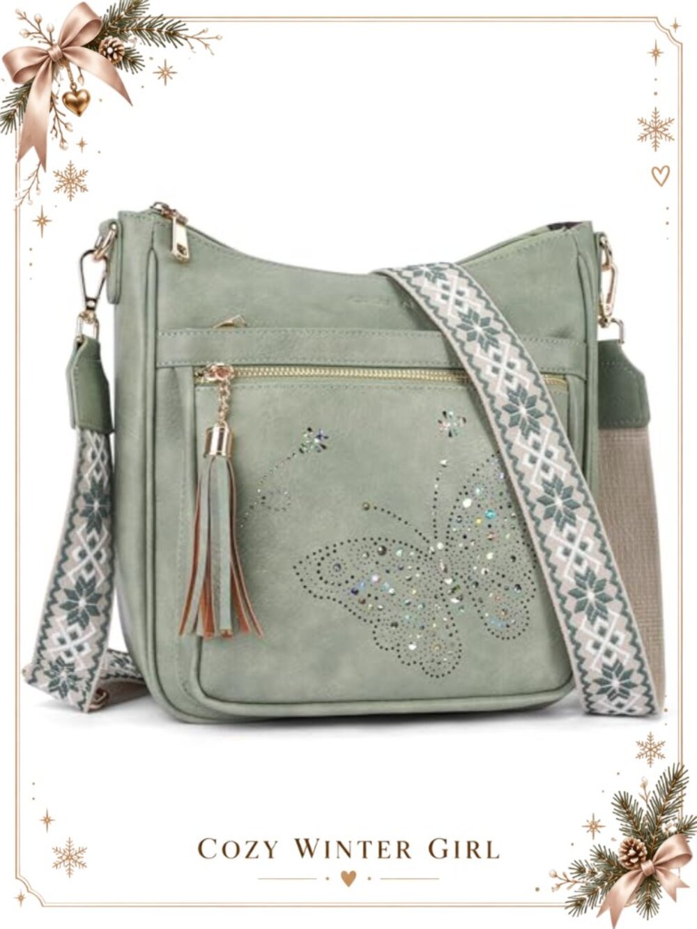 Vegan PU Leather Crossbody Bag Medium Butterfly Shoulder Handbag with Tassel